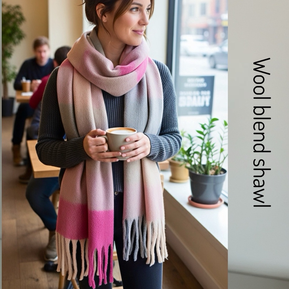 Pink and Gray Wool Blend Shawl
